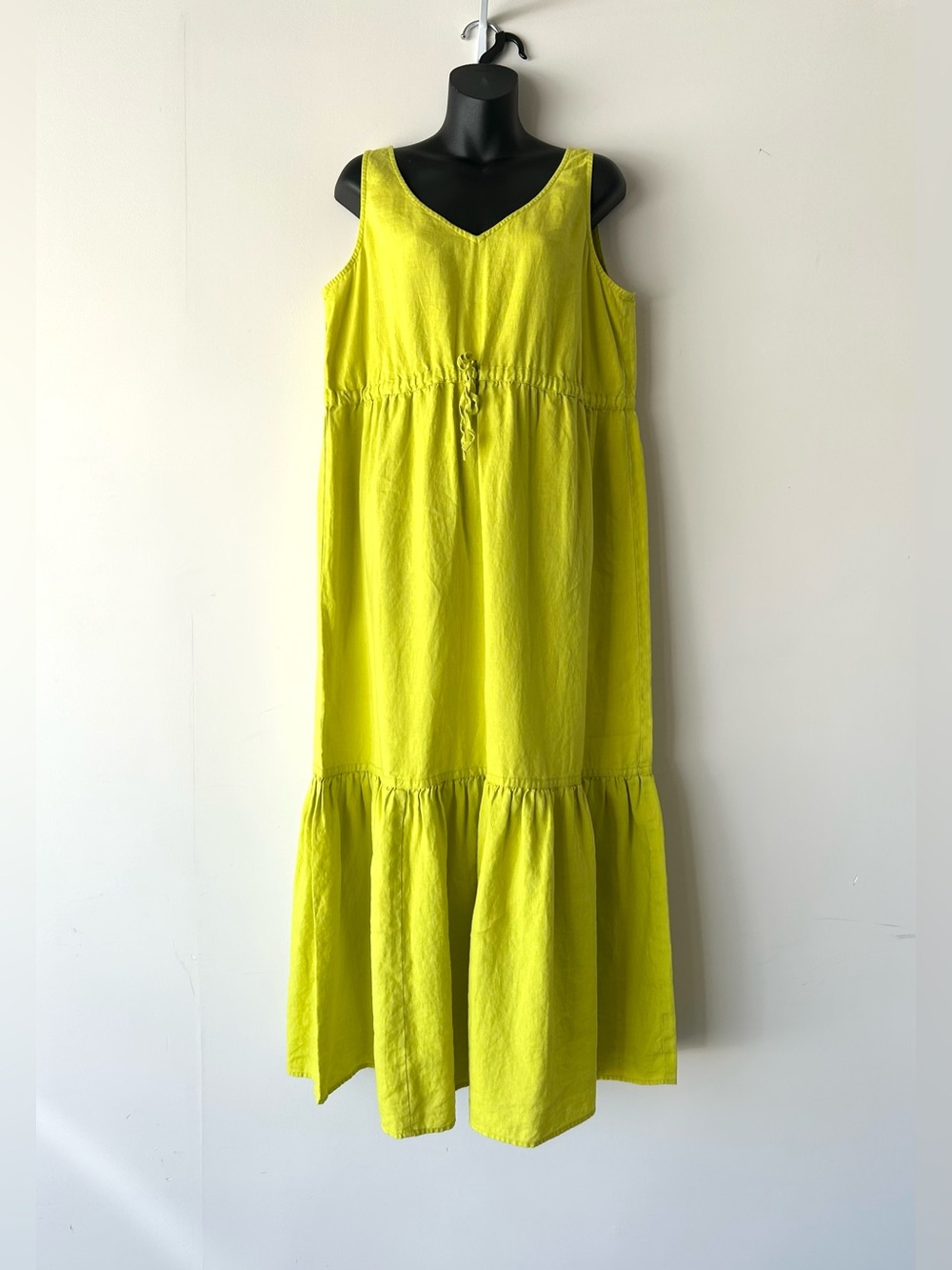 Jones New York 100% Linen Maxi Tiered Dress XL Lime Green Lagenlook Pullover